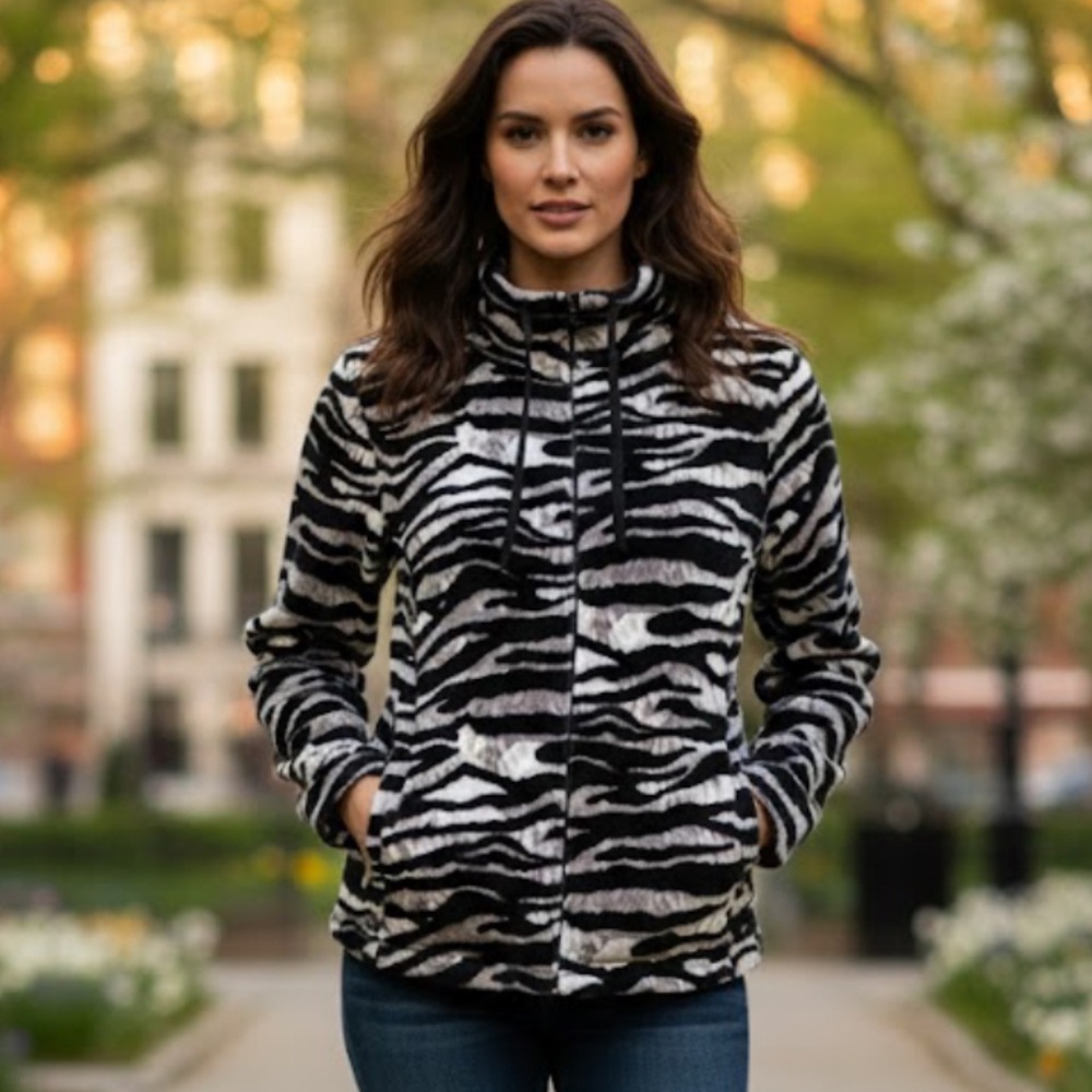 Kim Rogers Full Zip Jacket Womens Large Animal Print Soft Cozy Fleece Drawstring